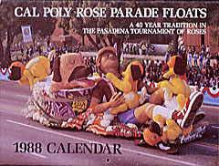 A commemorative calendar features the 1988 Cal Poly entry, "Bubble Trouble," winner of the Founder's Trophy.