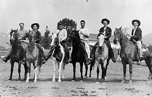 Elwyn Righetti (far right) and five of his classmates at the Stock Horse Class judging event at the third annual Poly Royal, 1935.