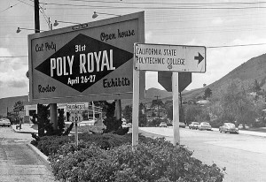 Billboard on Monterey Street welcomes campus visitors to Poly Royal, 1963.