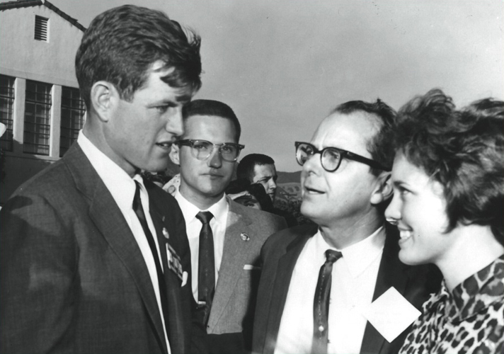 Senator Ted Kennedy during a 1962 campaign stop at Cal Poly. Pictured with Robert E. Kennedy and daughter Maridel.