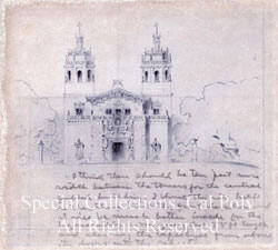 Colored pencil rendering of La Casa Grande, San Simeon Image © Cal Poly
