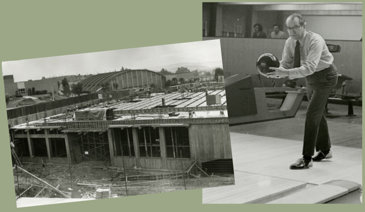 Construction of College Union (later McPhee University Untion), 1970 [left]; Kennedy at the opening of Mustang Lanes, 1971 [right]