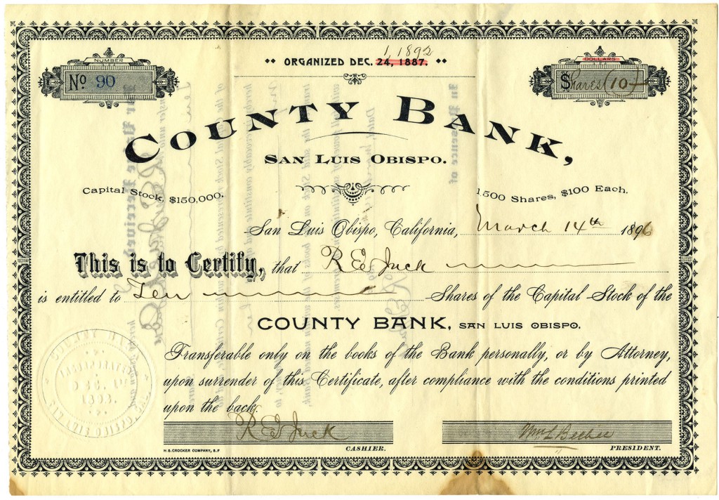 Shareholder R.E. Jack’s stock certificate for shares of the County Bank of San Luis Obispo, 1896 (Jack Family Papers, Special Collections, California Polytechnic State University, 014_spc_000019)