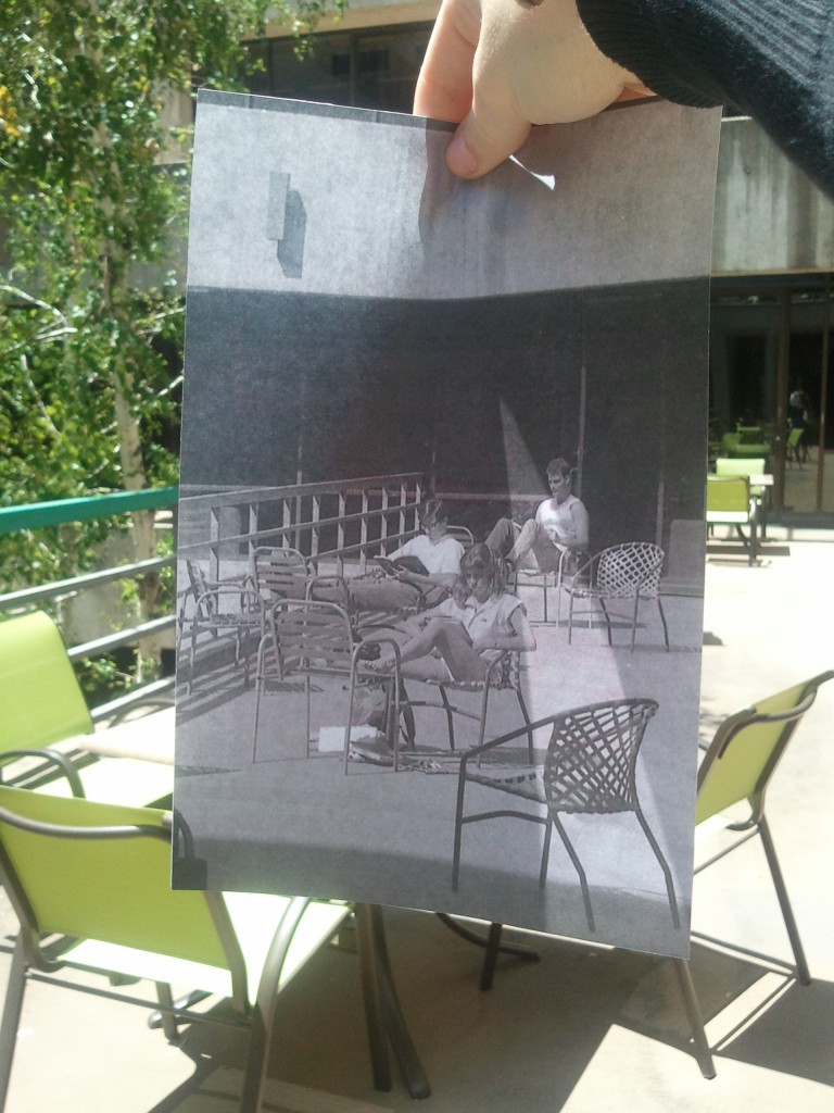 Photo of the patio in Kennedy Library in 1985 and today; Historic image (1985) courtesy University Archives