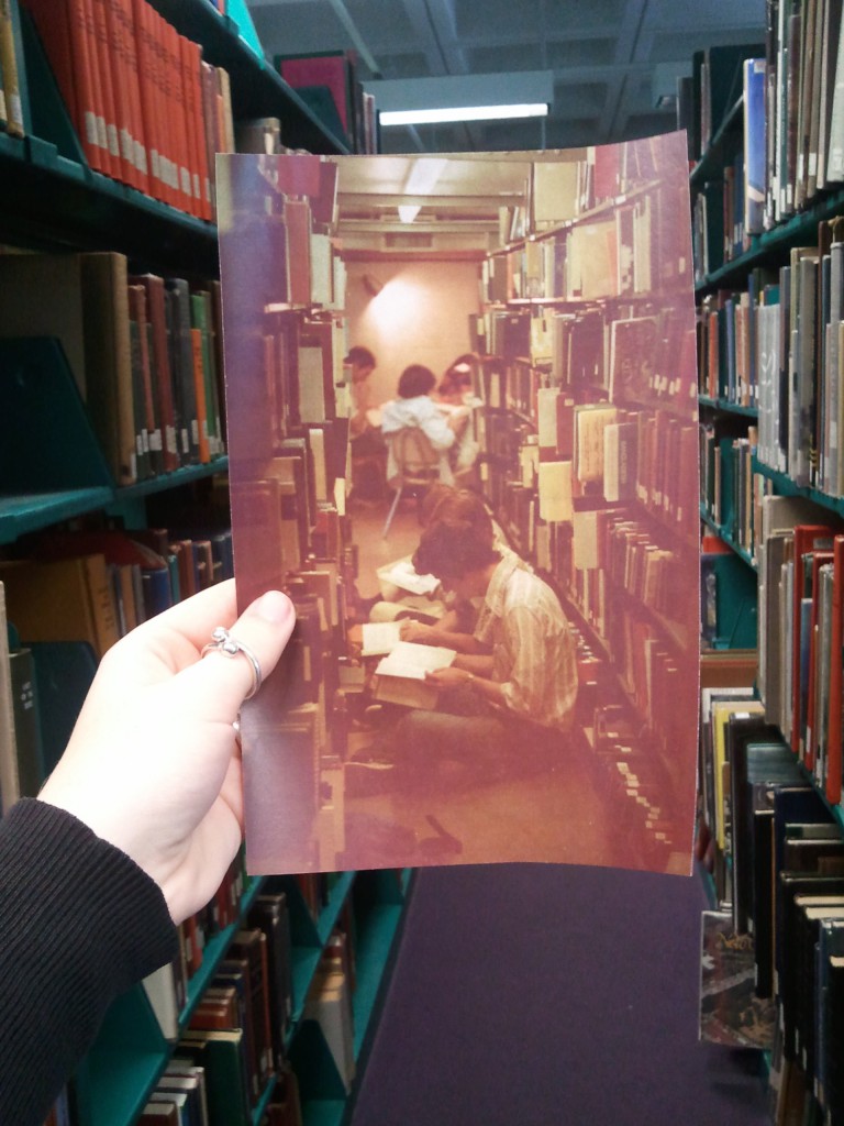 Photo of the stacks in Kennedy Library in 1985 and today; Historic image (1985) courtesy University Archives