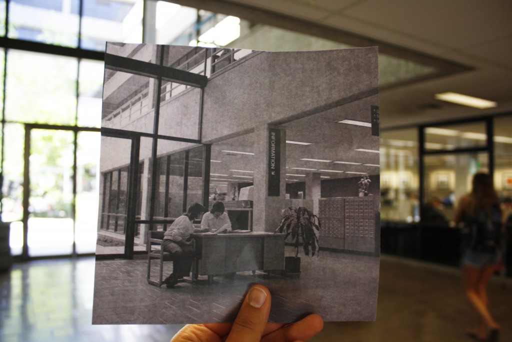 Photo of Kennedy Library atrium in 1980 and today; Historic image (1980) courtesy University Archives