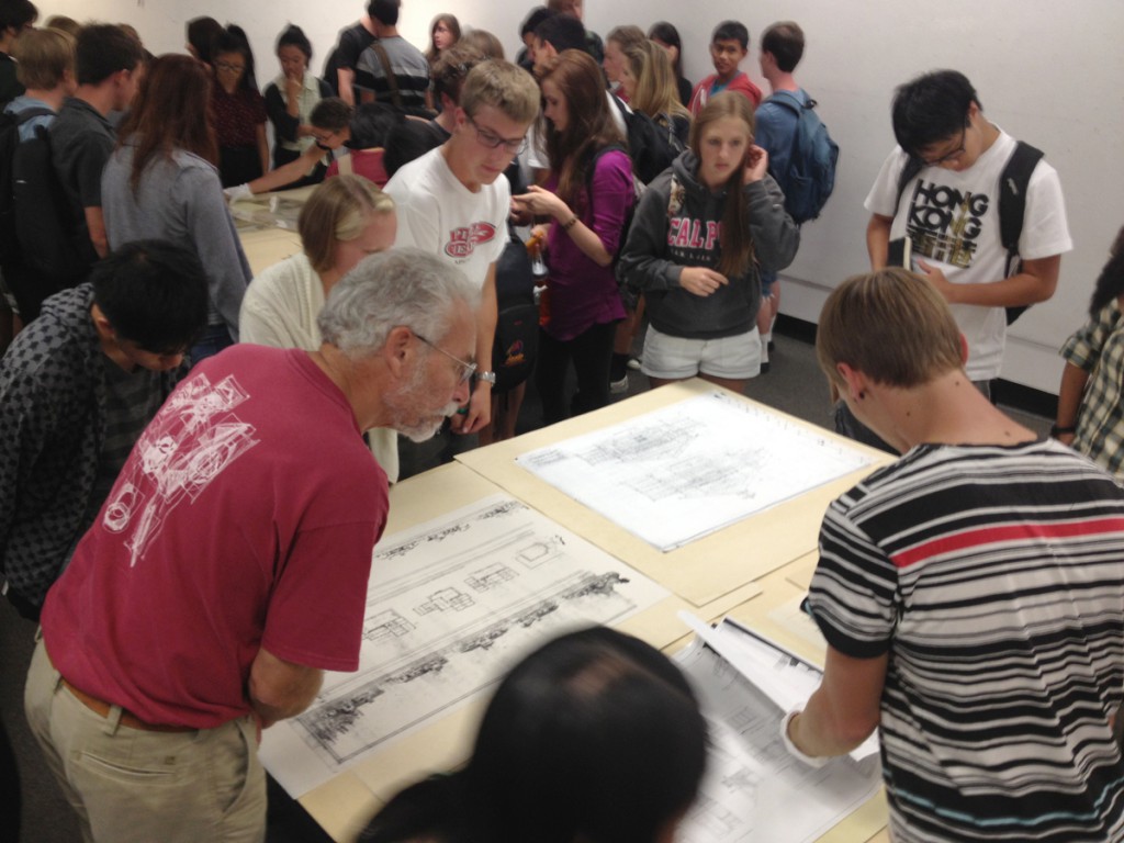 Photo of Cal Poly architecure students review Julia Morgan papers