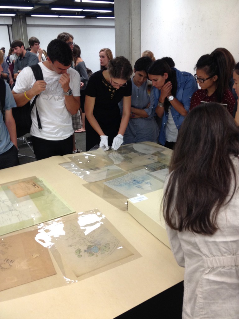 Photo of Cal Poly architecure students review Julia Morgan papers