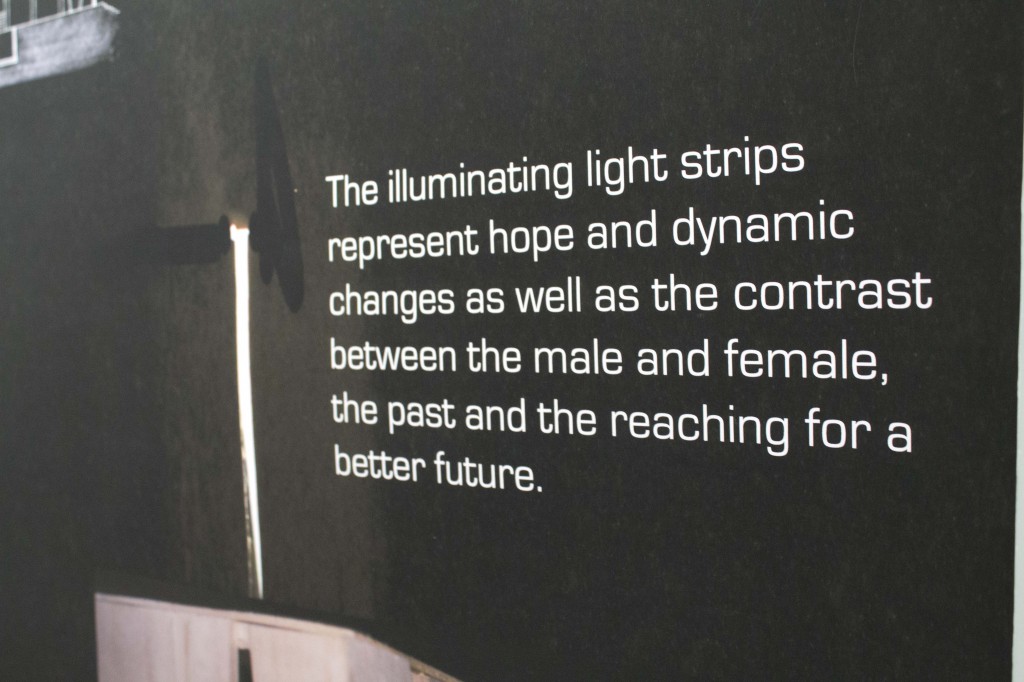 A black piece of paper reads, "The illuminating light strips represent hope and dynamic changes as well as the contrast between the male and female in the past and the reaching for a better future."